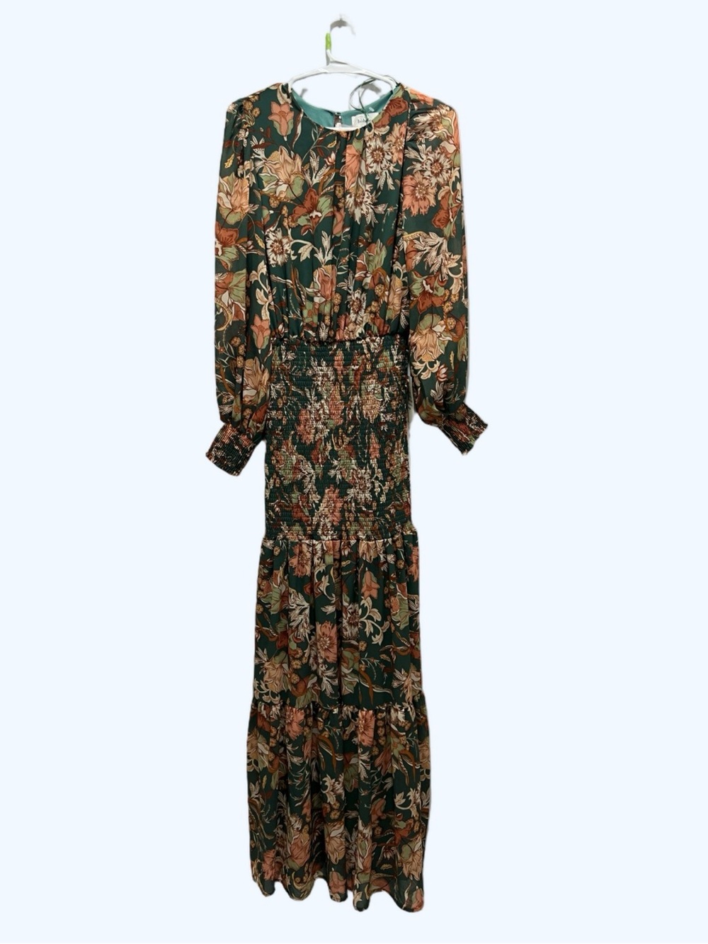 NWT Böhme Green Floral Smocked Long Sleeve Maxi Dress Small - Picture 3 of 7